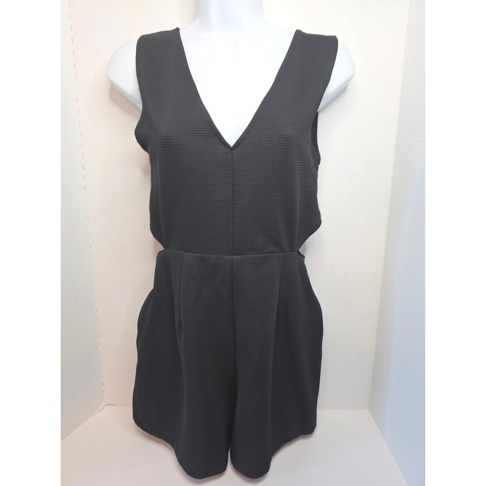Shasa Black‎ Ribbed Cutout Sides Double V Neck Sleeveless Romper Jumpsuit SZ M